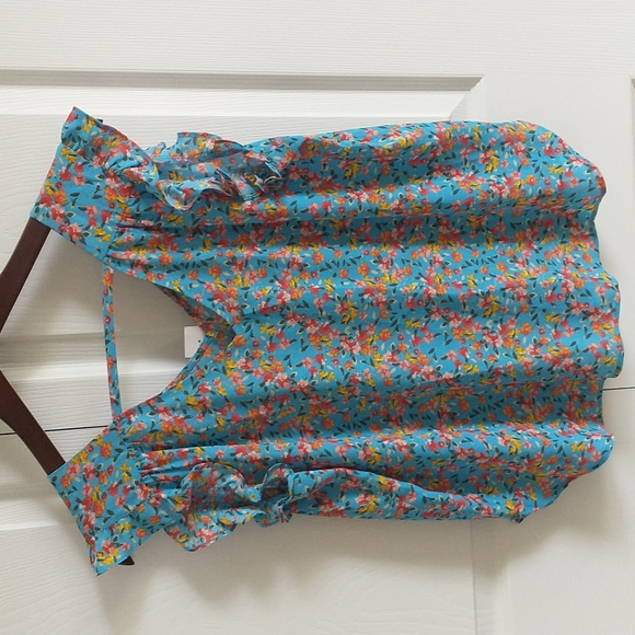 LOFT Flutter Sleeve Blue Ruffled Blouse - Picture 2 of 3